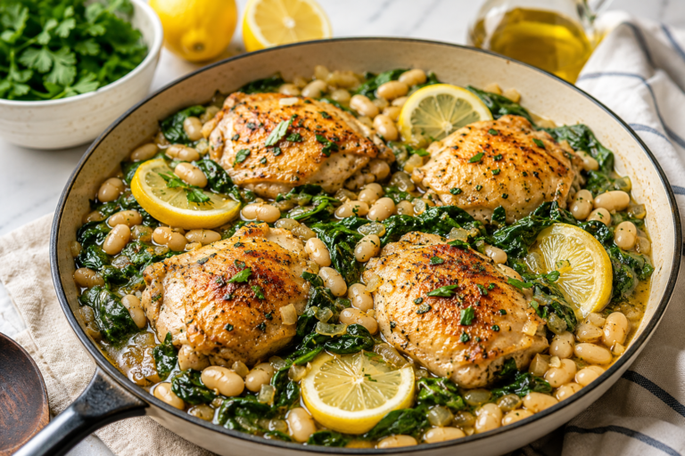 One-Pan Lemon Garlic Chicken with Spinach & White Beans