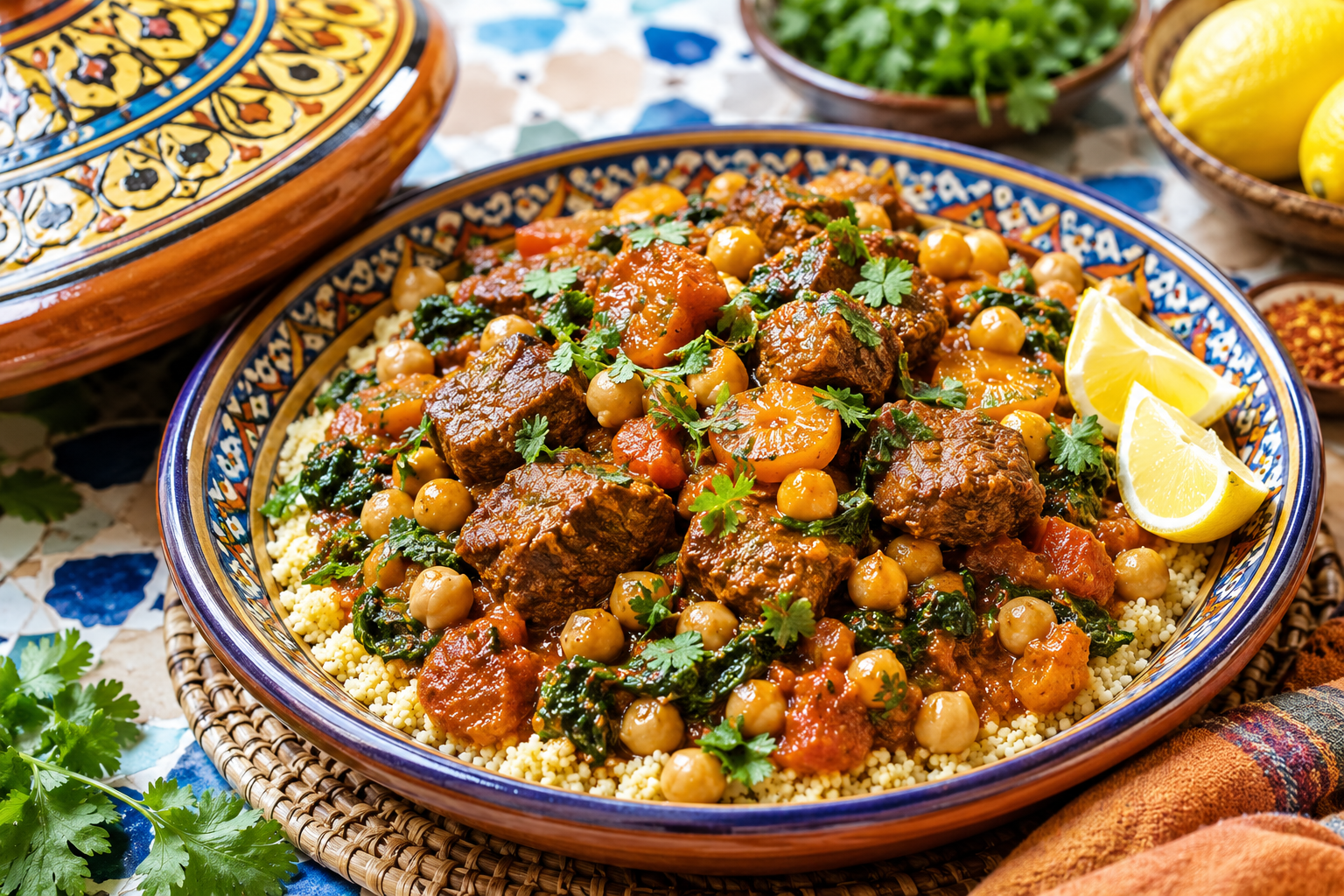 Moroccan Beef & Apricot Tagine with Chickpeas and Spinach