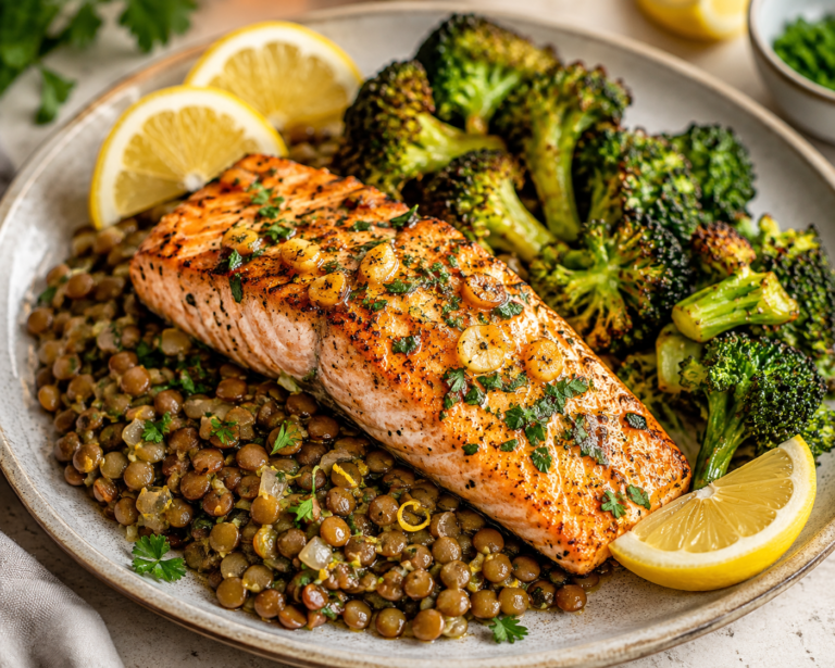 Lemon Garlic Salmon with Lentils & Roasted Broccoli