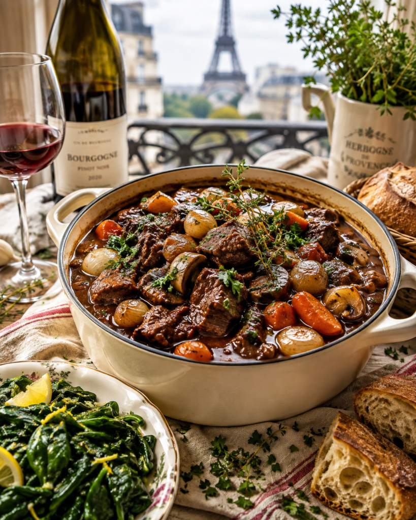 French Beef Bourguignon with mushrooms, pearl onions and carrots served with lemony spinach
