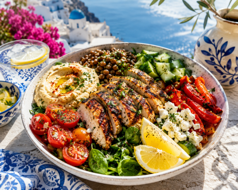 Greek lemon-herb chicken and lentil power bowl with hummus and fresh vegetables