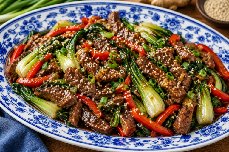 Chinese ginger beef and bok choy stir-fry with red bell peppers, green onions and sesame seeds