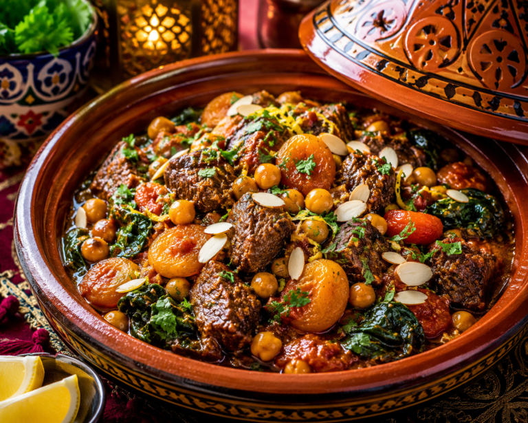 Moroccan beef and chickpea tagine with apricot and spinach
