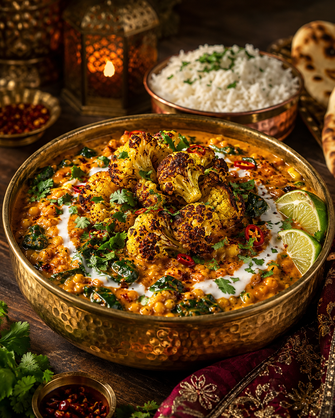 Indian Coconut Lentil & Spinach Curry with Roasted Cauliflower