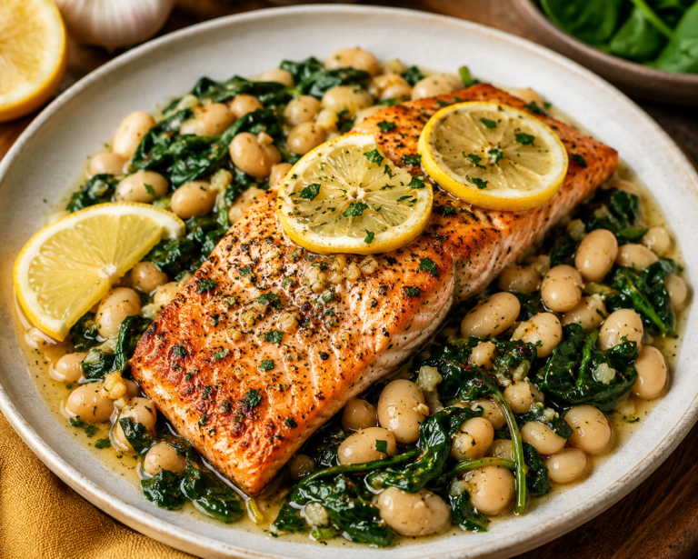 Garlic Lemon Salmon with Spinach & White Beans