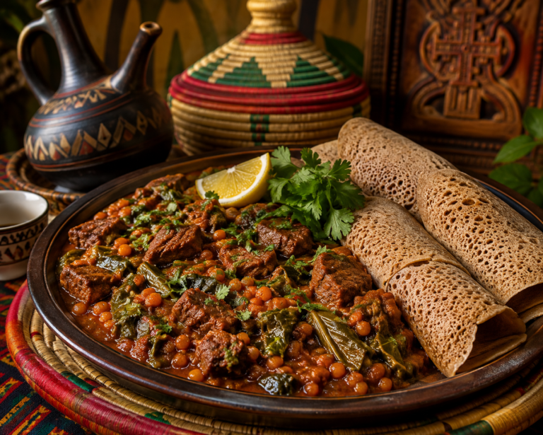 Ethiopian-inspired beef and red lentil stew with collard greens and injera